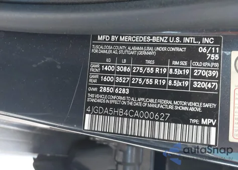 2012 Mercedes-Benz Ml 350 4Matic z USA, uszkodzony, nr VIN 4JGDA5HB4CA000627